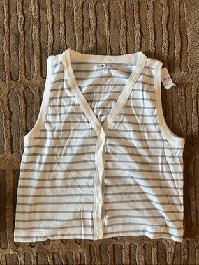 LOFT White & Light Blue Striped Button Tank